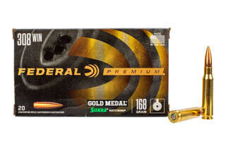Federal Gold Medal Match 308 ammunition features a 168gr Sierra MatchKing boat tail hollow point bullet